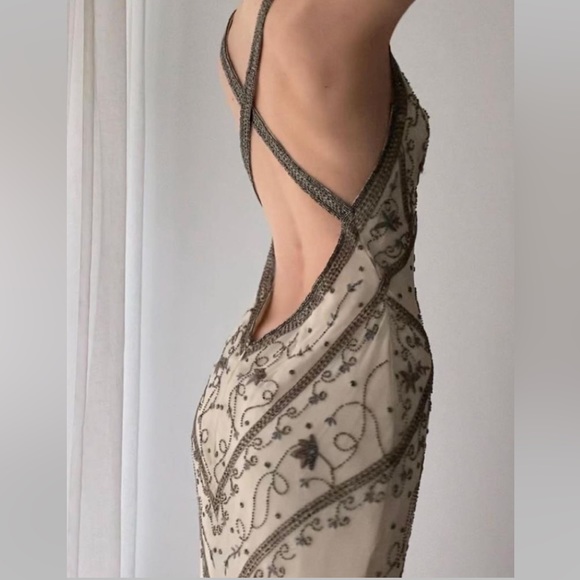 Vintage 90’s 100% Silk Beaded Dress Silk Slip Dress Backless White Gown Prom Y2K - Picture 5 of 16